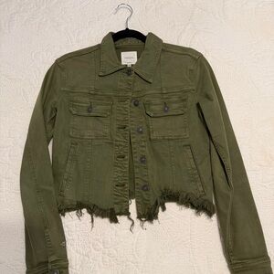 Wolven Olive Green Frayed-Hem Denim Jacket